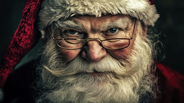 A jovial man dressed as Santa Claus smiles warmly with a twinkle in his eyes enjoying the festive atmosphere during Christmas time.