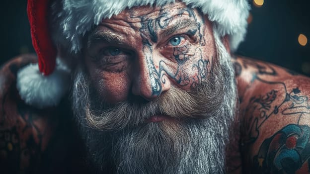 A tattooed man with a full beard and blue eyes wears a Santa hat smiling warmly in a festive atmosphere with lights.