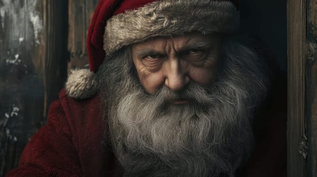 An old man in a red Santa costume with a long beard stands by a cabin staring intently into the distance with a serious expression.