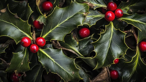 Bright red berries nestled among dark green holly leaves create a striking winter display showcasing natures beauty in cold months.