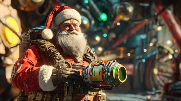 Santa prepares to deliver presents in a colorful high tech workshop filled with holiday decorations and vibrant lights.