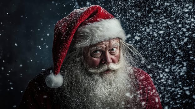 An elderly man with a white beard wears a red Santa hat while snowflakes gently fall around him capturing a festive winter spirit.