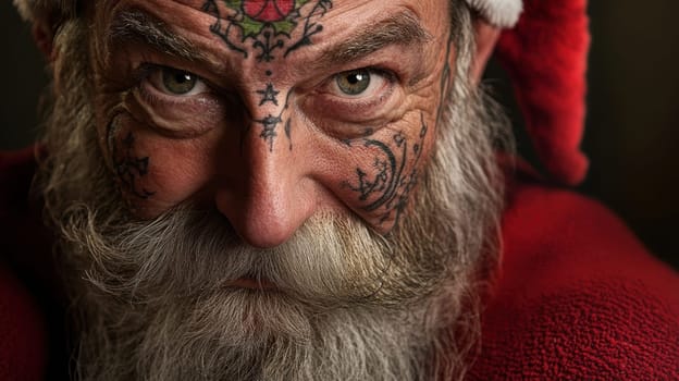 A tattooed man dressed as Santa gazes confidently at the camera showcasing intricate designs on his face and a classic red outfit.