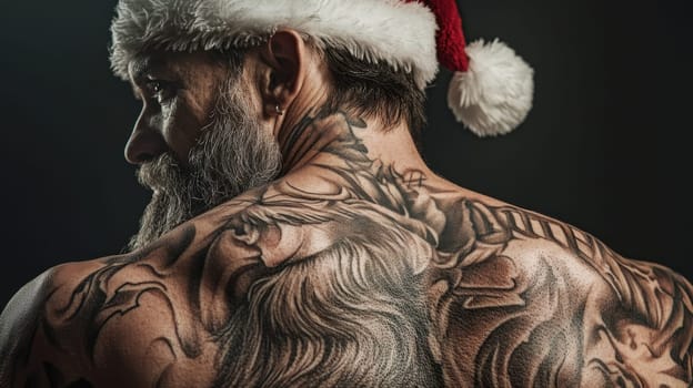 A man with a Santa hat displays intricate tattoos on his back featuring a detailed design. The atmosphere feels festive and unique.