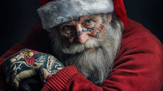 A tattooed Santa Claus poses warmly displaying his intricate ink designs while spreading festive cheer in a cozy atmosphere.