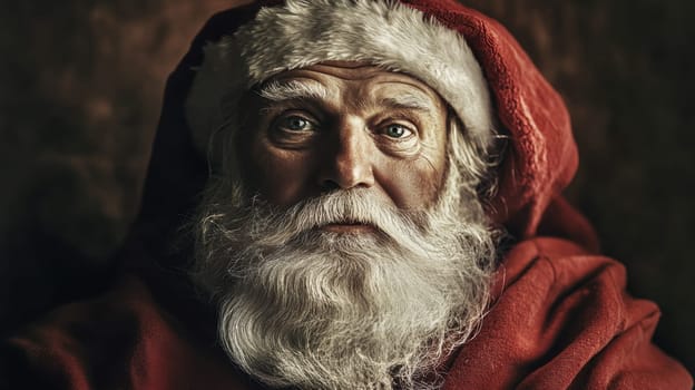 A bearded man dressed as Santa Claus gazes thoughtfully while surrounded by warm festive decor capturing the spirit of Christmas.