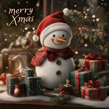 A cheerful snowman wearing a red hat sits among colorful Christmas gifts and decorations radiating festive joy during the holiday season.