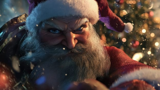 Santa gears up with determination for a festive night surrounded by twinkling lights and holiday spirit as he embraces the season.