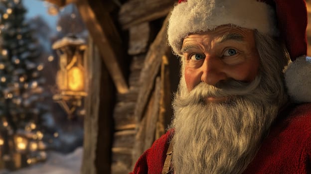 A cheerful man dressed in a red Santa suit stands in front of a cozy cabin covered in snow with warm lights glowing nearby.