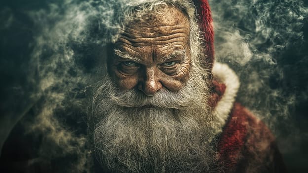 A bearded Santa Claus gazes intensely while smoke swirls around him creating an enigmatic atmosphere on a winter evening.