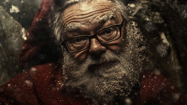 A cheerful elderly man with glasses and a snowy beard smiles warmly while wearing a red garment. Soft winter lighting enhances his joyful demeanor.