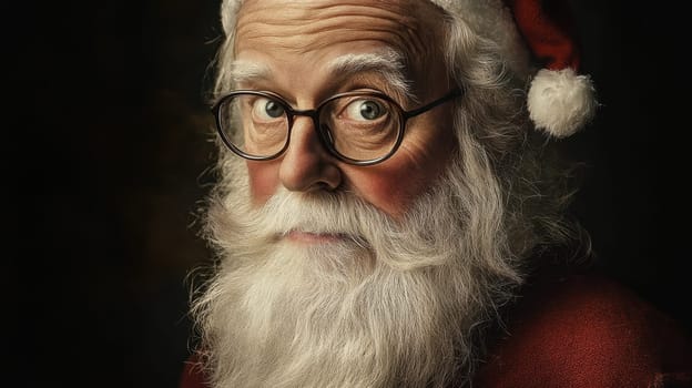 A bearded man dressed as Santa Claus gazes thoughtfully while wearing round glasses and a festive hat during the holiday season.