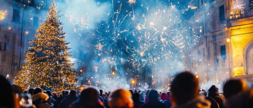 A lively crowd gathers to celebrate New Years Eve while fireworks illuminate the night sky and a decorated Christmas tree stands tall.
