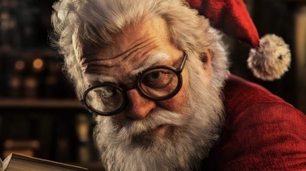 Santa Claus enjoys a peaceful moment in an old library quietly reading a book while surrounded by shelves of vintage books.