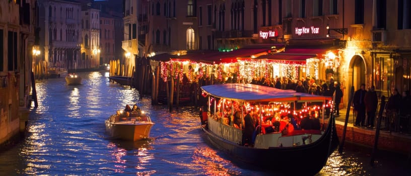 A lively New Year celebration unfolds along a beautifully lit canal in Venice with festive lights and cheerful gatherings.