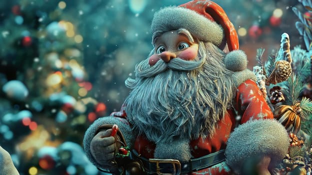 Santa Claus stands cheerfully among snow covered trees ready for Christmas festivities surrounded by decorations and twinkling lights.