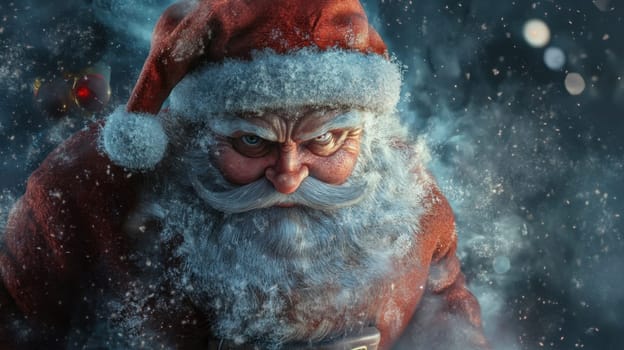 A determined Santa Claus braves the cold delivering gifts through a snowy landscape filled with swirling snowflakes and festive cheer.
