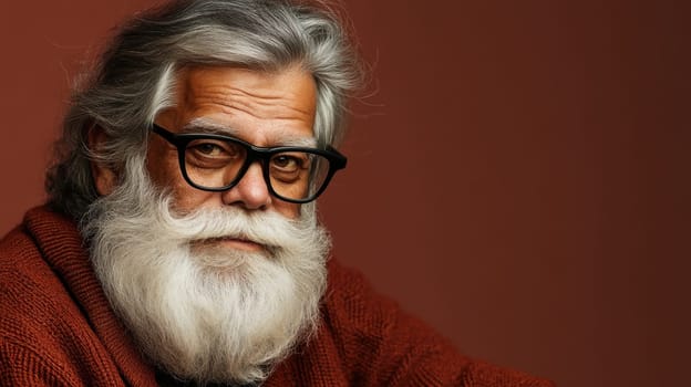 An elderly man with striking silver hair and a full beard wears glasses and a cozy sweater while posing against a warm backdrop.