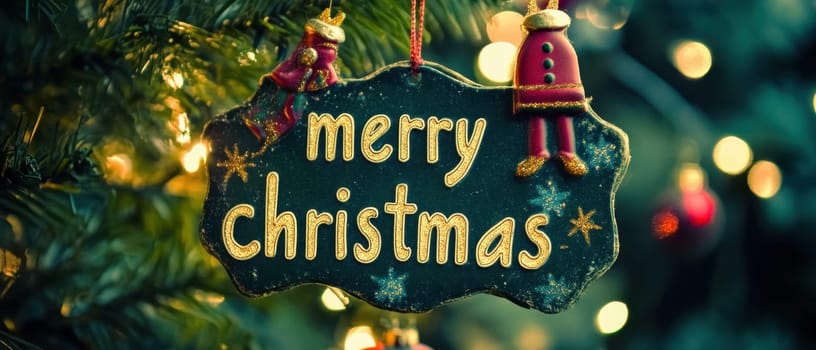 A festive sign saying Merry Christmas hangs from a beautifully adorned tree adorned with lights and ornaments during the holiday season.