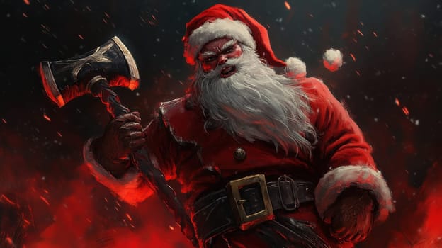 A fierce Santa Claus stands confidently in a dramatic landscape brandishing an axe with a fiery backdrop creating an intense atmosphere.