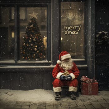 A cheerful Santa Claus rests beside a Christmas tree outside a shop snow gently falling around the festive decorations and gifts.