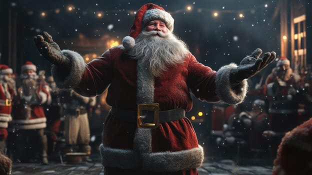 A cheerful Santa welcomes a lively crowd during a festive Christmas celebration surrounded by joyful spirits and decorations.