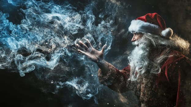 A bearded man in a red suit and hat creates swirling smoke with his hand embodying the spirit of Christmas and magic in winter.