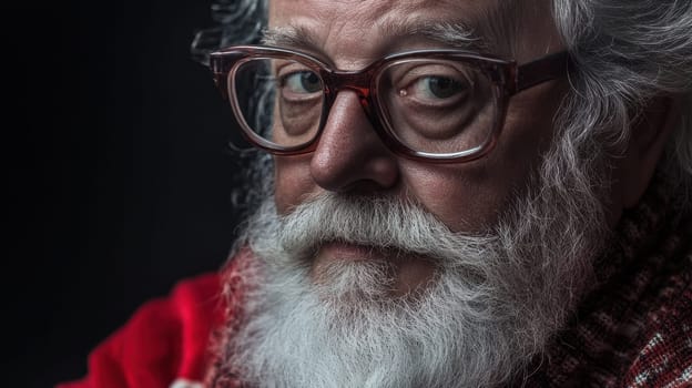 An elderly man with a white beard and glasses gazes thoughtfully wearing a red sweater radiating warmth and wisdom.