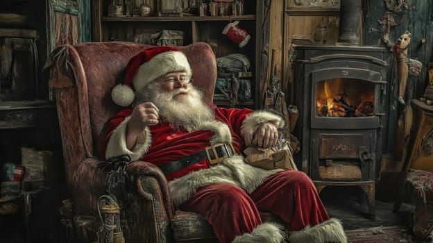 Santa Claus enjoys a peaceful moment by the fireplace surrounded by holiday decorations in his charming workshop.