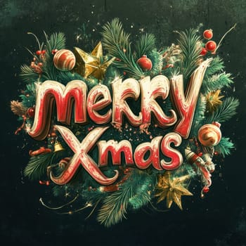 A vibrant holiday greeting showcases the words Merry Xmas surrounded by ornaments pine branches and golden stars enhancing the festive spirit.