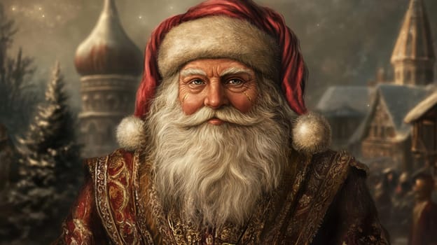 A warm portrait of Santa Claus wearing classic attire against a winter village backdrop evoking holiday spirit and cheer.