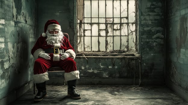 A figure dressed as Santa is seated in a neglected room with a broken window and peeling paint evoking an eerie holiday mood.