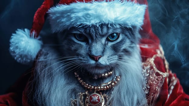 A charming cat in a Santa outfit with a hat and collar sits calmly embodying the spirit of the holiday season.