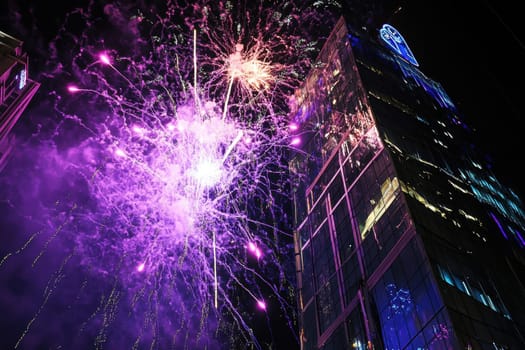 Vibrant fireworks burst in shades of purple and white over a city skyline celebrating a festive occasion under the night sky.