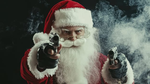 A bearded man dressed as Santa holds two guns while surrounded by smoke portraying a surprising holiday twist at night.