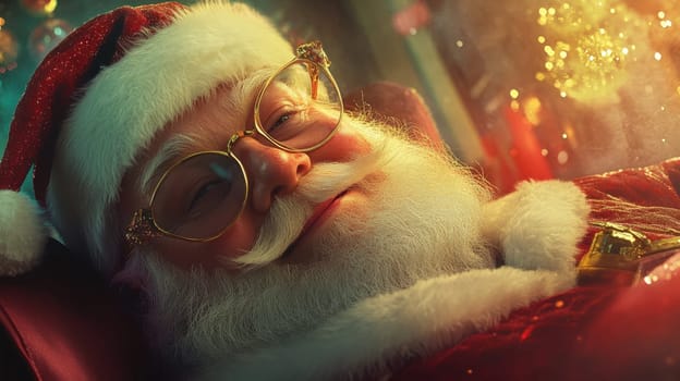 A joyful Santa Claus lounges comfortably surrounded by Christmas decorations enjoying the festive atmosphere with a warm smile.
