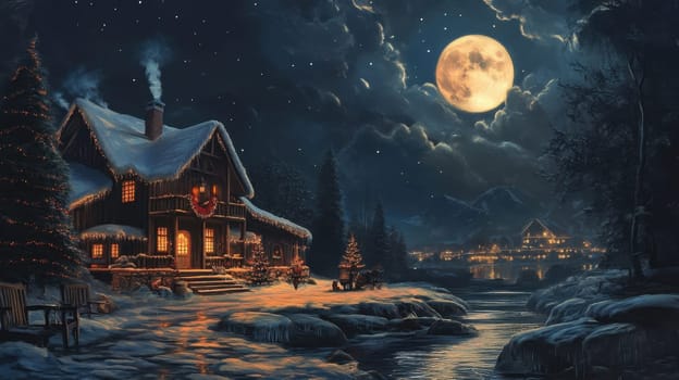 A charming cabin adorned with snow and warm lights stands beside a calm river under a bright full moon amidst a snowy landscape.