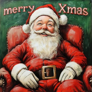 A jolly Santa Claus with a shiny white beard sits comfortably in a red chair. He spreads Christmas joy with a warm smile.