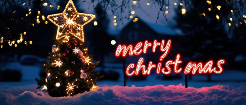 A decorated Christmas tree shines with lights under a star against a snowy backdrop and a glowing festive sign nearby.