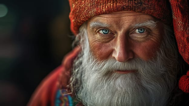 A cheerful older man with a long white beard and bright blue eyes dons an elaborate red hat and colorful clothing radiating warmth.