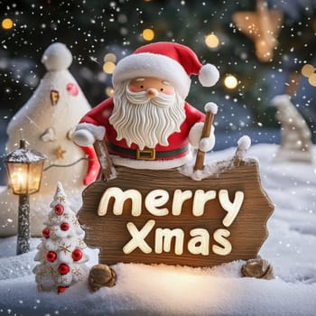 A festive Santa Claus figure stands next to a snowy Christmas tree and a charming house celebrating the holiday spirit.