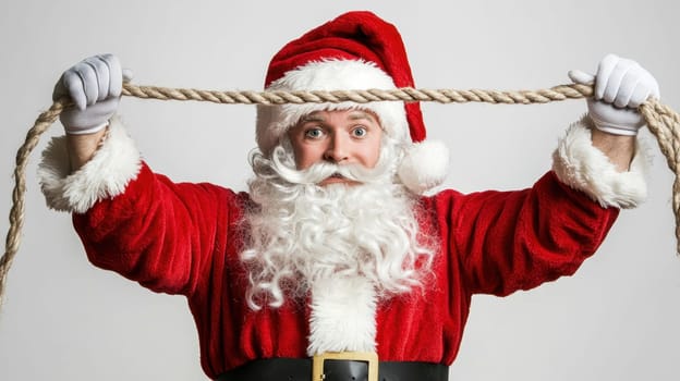 A jolly man dressed as Santa Claus joyfully lifts a rope while wearing a classic red suit completing the holiday spirit.