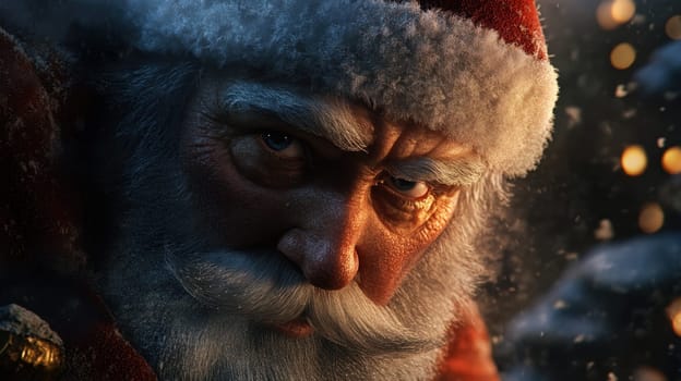 A determined Santa Claus gazes into the distance while getting ready for Christmas in a snowy environment surrounded by festive lights.