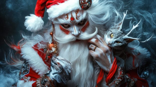 A captivating character in a Santa costume adorned with elaborate designs is accompanied by a mystical cat in a reflective moment.