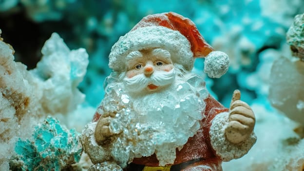 A cheerful Santa figure smiles and gives a thumbs up among sparkling crystals in vibrant shades of blue and white creating a magical atmosphere.