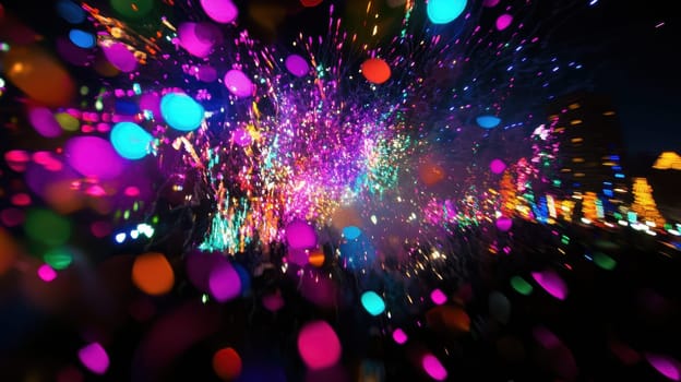 A vibrant fireworks show lights up the night sky with bursts of color engaging a lively crowd during a festive celebration.