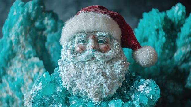 A charming Santa Claus figure adorned with a red hat is placed amid stunning turquoise crystals exuding a festive holiday spirit.