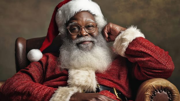 A cheerful man dressed as Santa Claus sits comfortably on a chair radiating warmth and festive joy during the holiday season.