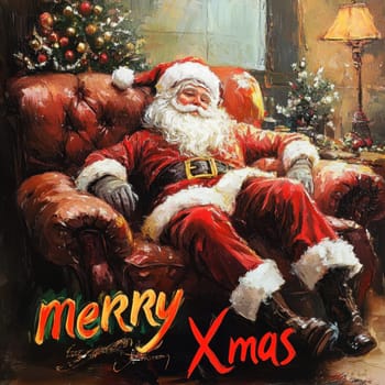 A cheerful Santa Claus rests comfortably on a cozy couch surrounded by festive decorations and a Christmas tree.