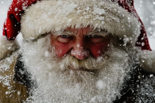 A joyful Santa Claus with a snowy beard and vibrant red hat enjoys a winter day surrounded by falling snowflakes.